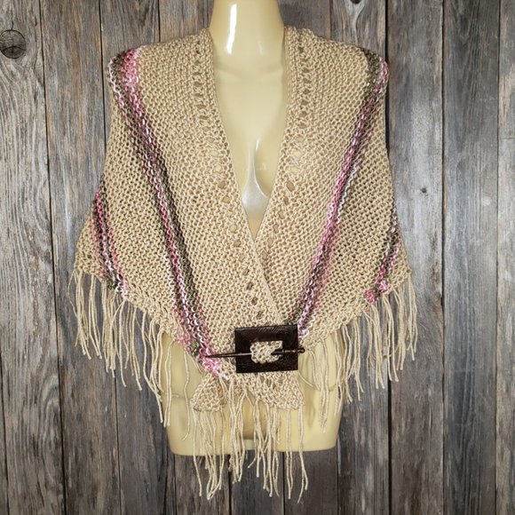 Beige Pink Multi Hand Knitted New Shawl Wrap Scarf - Picture 4 of 5